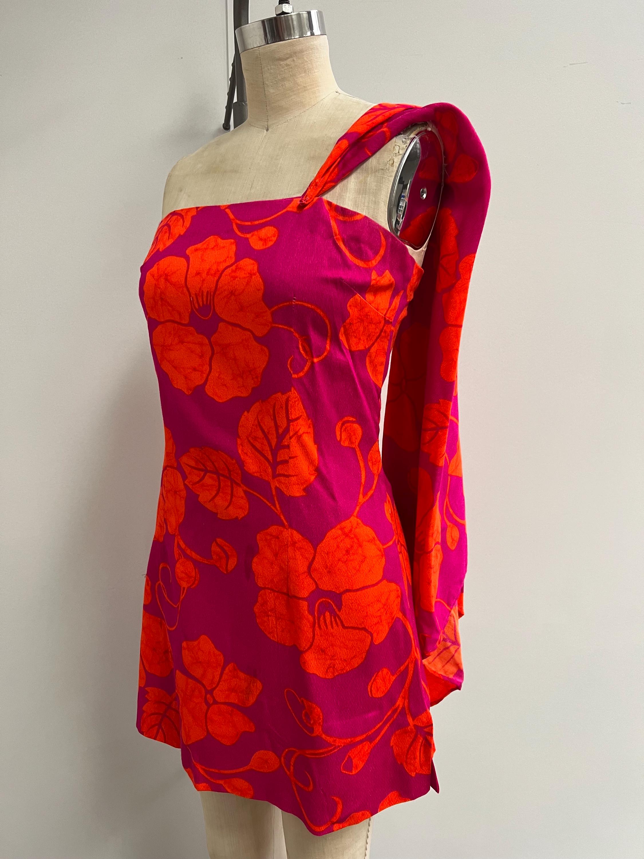 Vintage 60s Handmade Hawaiian Neon Pink Orange Mini Dress W Shawl Drape ...