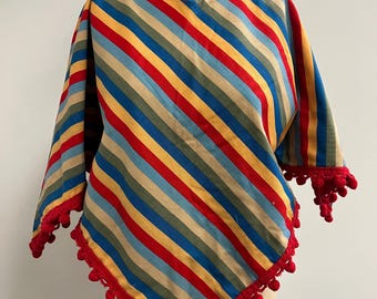 Vintage 60s 70s handmade rainbow striped cotton shawl poncho
