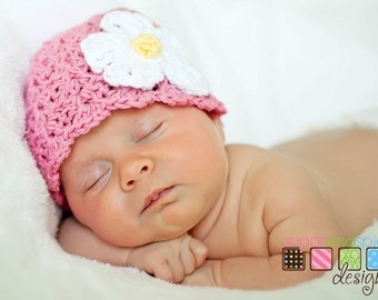 Newborn Baby Girl Daisy Cap Hats - you pick the color - natural cotton, photo prop