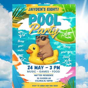Capybara Pool Birthday Party Invitation | Cabybara Birthday Invitation | Pool Party Invitation