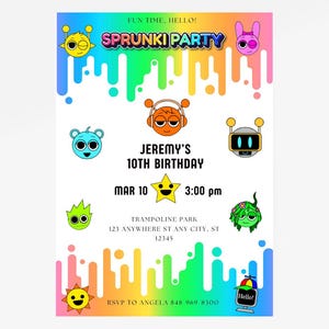 May include: A colorful invitation for Jeremy's 10th birthday party. The invitation features a rainbow background with dripping paint, cartoon characters, and the text "Sprunki Party". The party will be held at Trampoline Park on March 10th at 3:00 pm. RSVP to Angela at 848 969-8300.