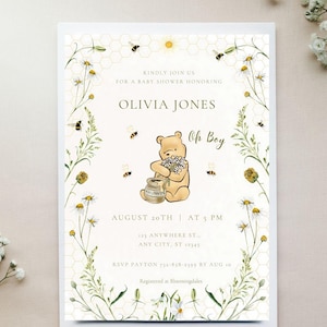 Winnie the Pooh Baby Shower Invitation: Neutral Daisies (Digital Download)