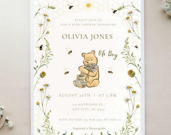 Winnie the Pooh Baby Shower Invitation: Neutral Daisies (Digital Download)