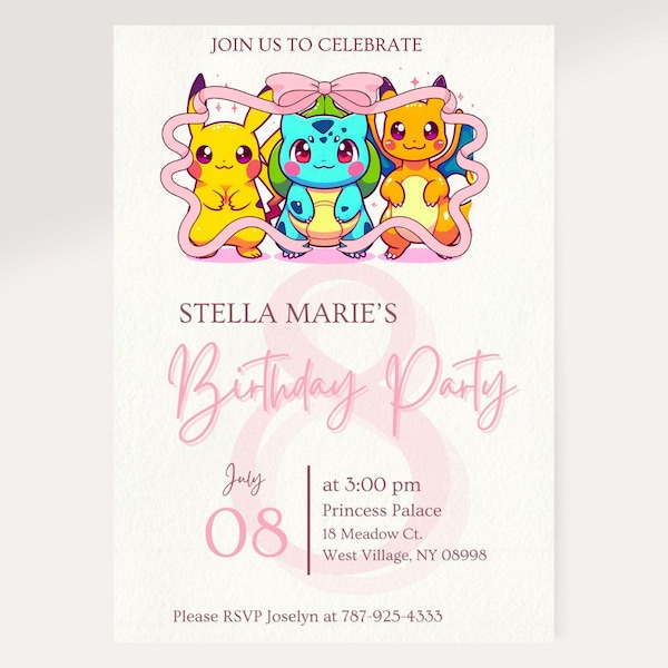 Pokemon Girls  Birthday Invitation | Pink Pokemon Instant Download