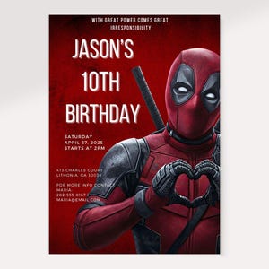 Op de afbeelding: Een rode verjaardagsuitnodiging met het personage Deadpool. De tekst luidt "Jason's 10e verjaardag" met evenementdetails. De afbeelding bevat de zin "Met grote macht komt grote onverantwoordelijkheid."