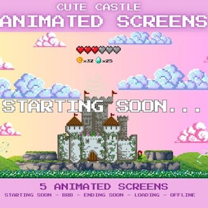 May include: A pixelated image of a cute castle with a pink and blue sky. The text "CUTE CASTLE ANIMATED SCREENS" is at the top of the image. The text "STARTING SOON..." is in the middle of the image. The text "5 ANIMATED SCREENS" is at the bottom of the image. The text "STARTING SOON - BRB - ENDING SOON - LOADING - OFFLINE" is below the text "5 ANIMATED SCREENS".