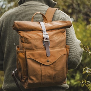 Outdoor Waxed Canvas Oilskin Roll Top Backpack - Free Personalization