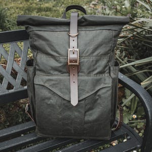 Oilskin Rolltop Backpack – Handmade Dark Olive Waxed Canvas Rucksack