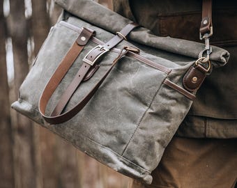 Waxed Canvas RollTop Trail Tote Messenger Bag