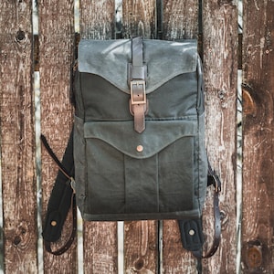 Waxed Canvas Canvas Backpack – Handmade Dark Olive Heritage Pack with Leather Details
