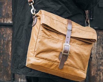 Oilskin Canvas Satchel – Handmade Beige Heritage Field Bag with Leather Strap