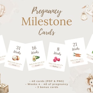 Cartes d'étapes importantes pour la grossesse • Comparaison de fruits de la taille d'un bébé par semaine • Téléchargement numérique • 4-40 semaines • Accessoires photo pour la mise à jour bosse • Cartes imprimables