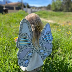 Puede incluir: Un niño con un suéter blanco y pantalones grises con grandes alas de mariposa hechas de tela. Las alas son azules, blancas y verdes con un patrón floral. El niño está de pie en un campo de hierba verde.