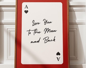 Love You to the Moon and Back – Vintage Wall Art, Playing Card Print for Living Room, Bedroom & Entryway Decor