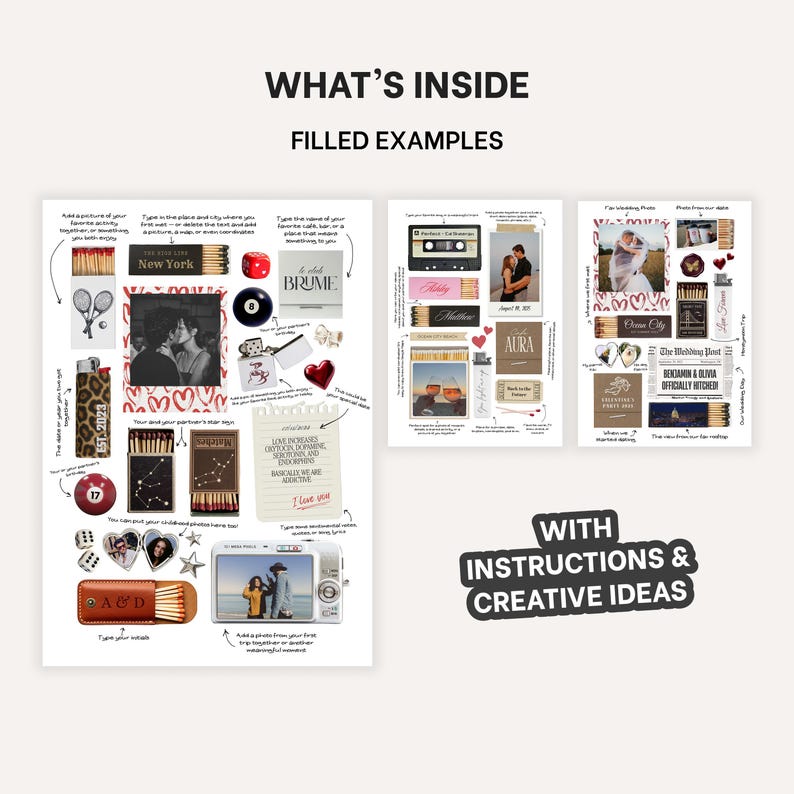 May include: A collage of photos and objects, including matches, a lighter, and a camera, with the text "WHAT'S INSIDE FILLED EXAMPLES" and "WITH INSTRUCTIONS & CREATIVE IDEAS". The collage includes photos and text.