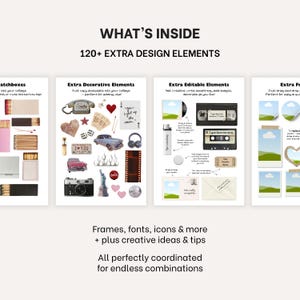 May include: A digital design elements graphic with the text "WHAT'S INSIDE" and "120+ EXTRA DESIGN ELEMENTS". The image shows various design elements, including frames, fonts, icons, and creative ideas.