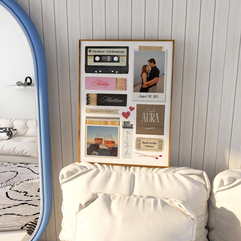 May include: A framed collage featuring a cassette tape, photos, and matchboxes. The collage includes the text "Perfect - Ed Sheeran", "Ashley", "Matthew", "Ocean City Beach", "August 10, 2025", "Code Aura", and "Back to the Future". The frame is gold.