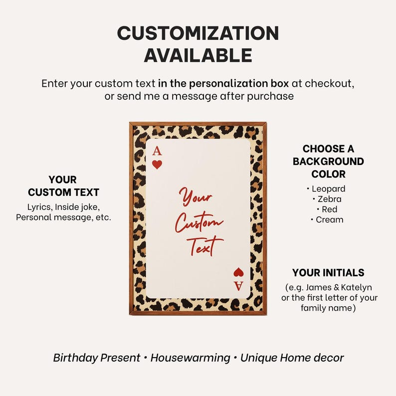 May include: Customizable playing card art print with a leopard print border and wooden frame. The card features the Ace of Hearts and space for custom text. Background color options include leopard, zebra, red, and cream.