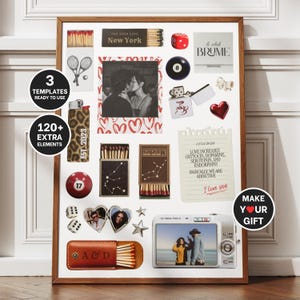 May include: A framed collage featuring various decorative elements. Includes a photo, matches, a lighter, dice, a pool ball, and text that reads "3 Templates Ready to Use" and "120+ Extra Elements". The collage has a wooden frame.