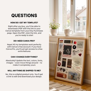 May include: A framed collage with various decorative elements, including a photo, matchboxes, and stickers. The frame is displayed near a window with text that reads "QUESTIONS" and answers about a digital template.