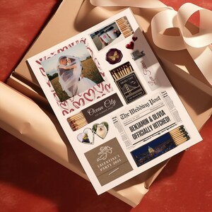 May include: A collection of decorative stickers and ephemera, including a wedding photo, matchboxes, and newspaper clippings. The stickers feature hearts, a butterfly, and the text "Ocean City" and "Valentine's Party 2023". The newspaper headline reads "Benjamin & Olivia Officially Hitched!"