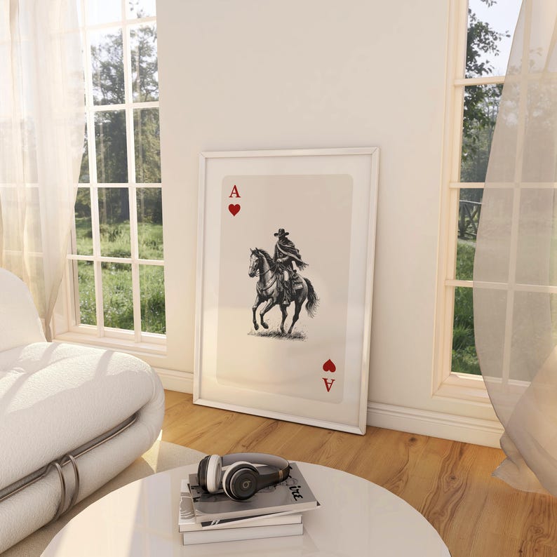 K&ouml;nnte beinhalten: Gerahmter Kunstdruck der Herz-Ass-Spielkarte. Die Karte zeigt eine Schwarz-Wei&szlig;-Illustration eines Cowboys auf einem Pferd. Auf der Ober- und Unterseite der Karte befinden sich ein rotes Herz und der Buchstabe "A".