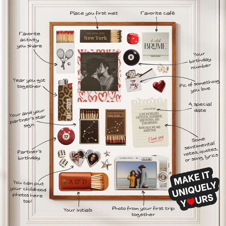 May include: A framed collage with various sentimental items. Includes a photo, matches, a lighter, dice, and a camera. Text includes "Make it Uniquely Yours" and other phrases like "Place you first met" and "Photo from your first trip together."