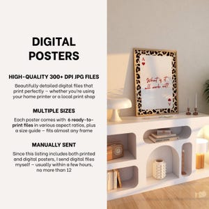 May include: A framed poster with a leopard print border and the text "What if it all works out?" The poster features the Ace of Hearts and Ace of Diamonds playing card symbols. The image is labeled "DIGITAL POSTERS".