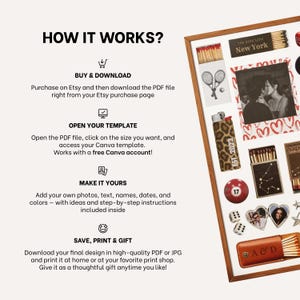 May include: A wooden framed collage with various decorative elements, including a photo, matches, and a lighter. The text "HOW IT WORKS?" is at the top, with instructions for downloading, opening, customizing, and printing the design.