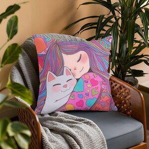 Girl With a Cat Pillow, Cute Cats Pillow, Cute Little Girl Pillow, Little Girl And Her Kitty Pillow, Kids Room Decor, Pillow For Girl