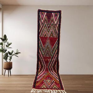 Red Moroccan Runner Rug | Long Handwoven Wool Carpet | Vintage Berber Hallway Rug | Boho Tribal Floor Runner | Bold Red Accent Rug