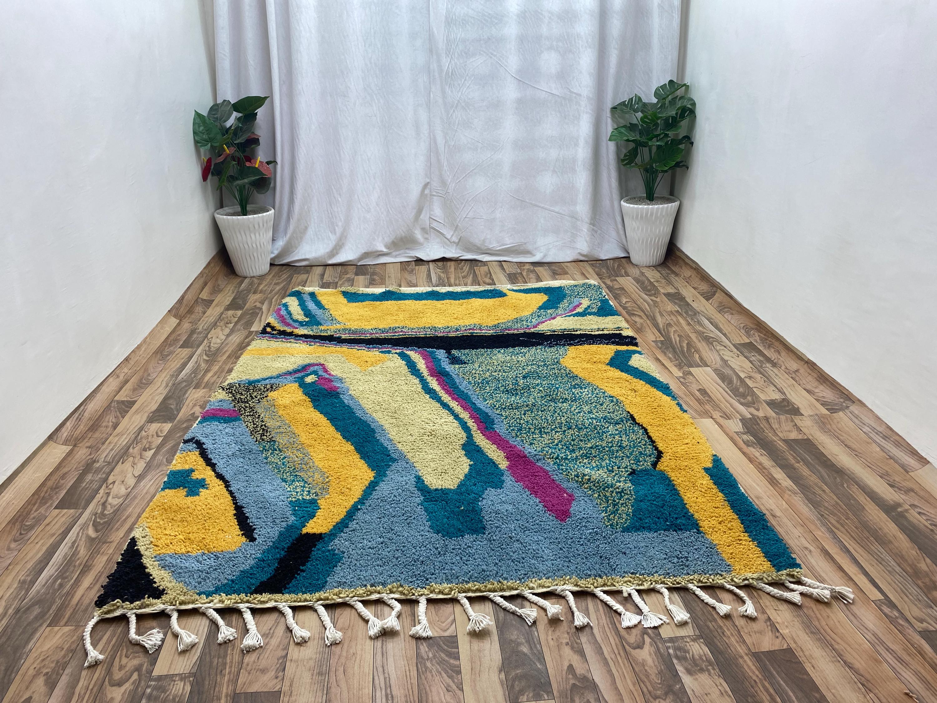 Tapis Berbère Marocain Fait Main – Laine De Mouton – 5x8 Ft – Motifs Rayés Multicolores – Style Boho
