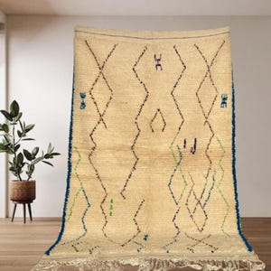Authentic Moroccan Berber Rug – Handwoven Wool Area Carpet with Blue Tribal Symbols & Diamond Lines | Neutral Minimalist Décor