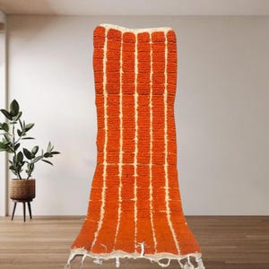Tufted Orange Moroccan Runner Rug – Handmade Wool Hallway Carpet – Boho Tribal Long Rug