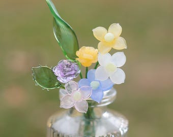Mini Glass Flower bouquet set- Mini Flower Figurine,Rose, Hydrangea flower, Gift for mother's day, birthday gift, Birth month flower bouquet