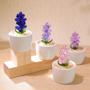 Könnte beinhalten: Vier Glasblumenarrangements in weißen Keramikbehältern. Die Blumen sind lila, rosa und blau. Die Behälter sind auf einem Holzregal angeordnet.
