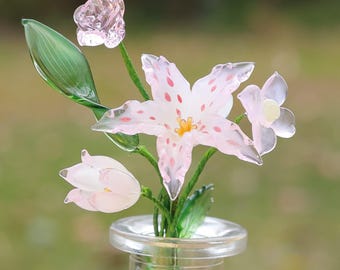 Mini Glass Flower bouquet set- Mini Flower Figurine,Home Decor Gift for Mom,Gift for mother's day, birthday gift, Birth month flower bouquet