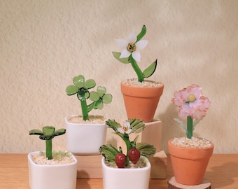 Handmade Glass Potted Plants, Glass Four-Leaf Clover, Glass Peony, Glass Flower,Stained glass Plants,Glass Strawberry, St. Patrick’s Day