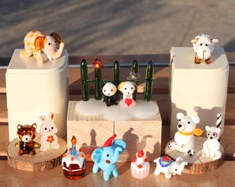 Enchanted Forest Wedding Glass Sculpture, Animal Guests with Mini Cake, Dog Bride & Groom Set, Anniversary Gift, wedding cake topper