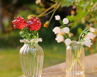 Mini Glass Rose and Lily of the Valley Flower bouquet set- May June Birth Month Flower bouquet, Gift for Mom, birthday gift, Fairy Garden