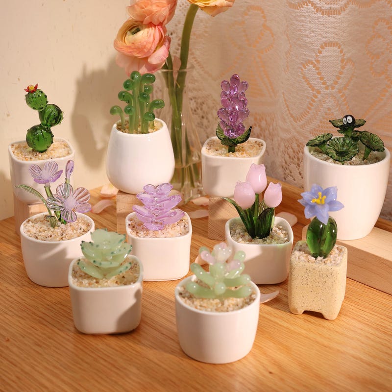Glass Potted Plants, Glass Succulents, Glass Cactus,Glass Flower,Stained glass Plants,Artificial House Plant,Car Glass Ornament,Cactus lover