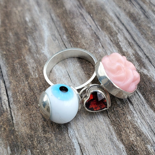 BRAINGLE, BRAINDANGLE - (I Love Brains) zombie, sterling silver ring with pink glass brain, red heart garnet, & a glass eye bead,charm ring