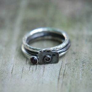 CAMERA STACKING RINGS - photography lover rings, garnet or you choose the gem, cute and dainty