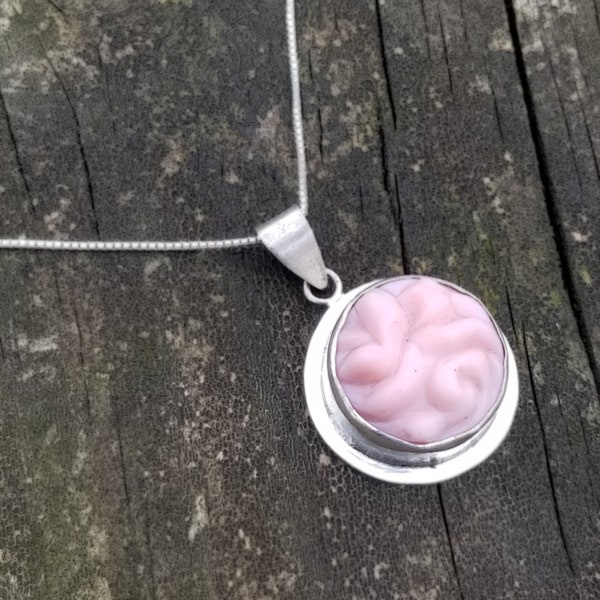 THINK2 - small round brain charm. Sterling siver and pink textured glass pendant