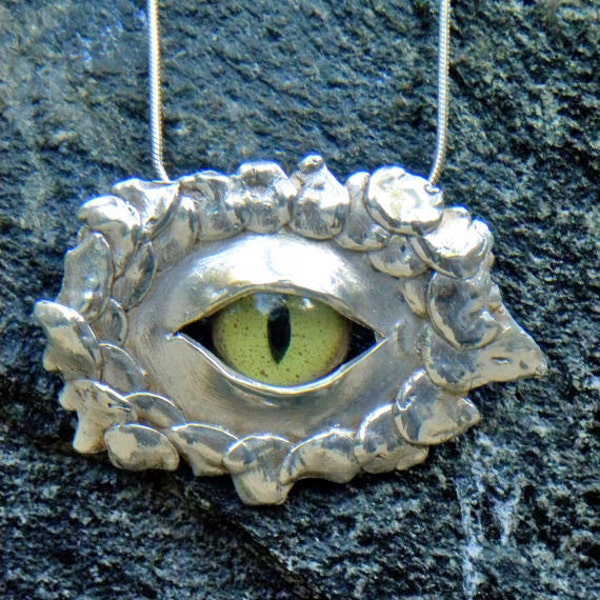 DRACA  - hand shaped, sterling silver dragon scales, with glass slit eye pendant, renaissance