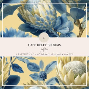 May include: A floral pattern design featuring large, stylized blue and cream-colored flowers with green leaves against a yellow background. The text "CAPE DELFT BLOOMS pattern" is displayed. The pattern is 15" x 15".