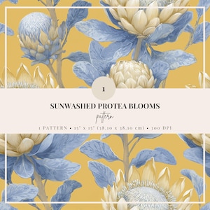 May include: A floral pattern featuring sunwashed protea blooms in cream and blue against a golden yellow background. The design includes the text "SUNWASHED PROTEA BLOOMS pattern" and dimensions of 15 x 15 inches.