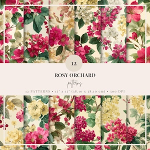 Rosy Orchard Blumenmuster, 12 Digitales Papier Bundle, Botanische Hintergründe, Hochzeitseinladung Design, Karten, Handwerk, Kommerzielle Nutzung