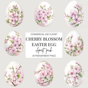 Cherry Blossom Easter Egg Clipart - 30 PNGs, Transparent Background, Spring Floral Eggs, Digital Download, Commercial Use