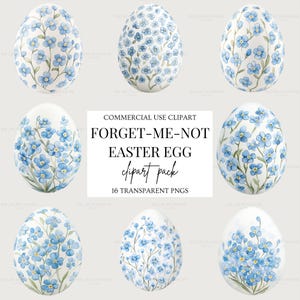 Clipart d'oeufs de Pâques de myosotis. 16 oeufs de Pâques aquarelles - clipart floral printanier - Style aquarelle - usage commercial - oeufs de Pâques